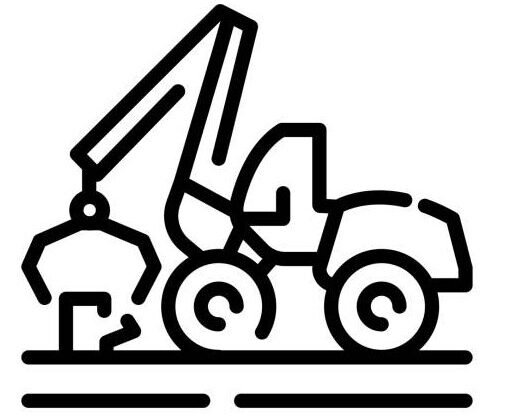 A line art icon of a logging machine with a claw attachment | Jeff Maietta